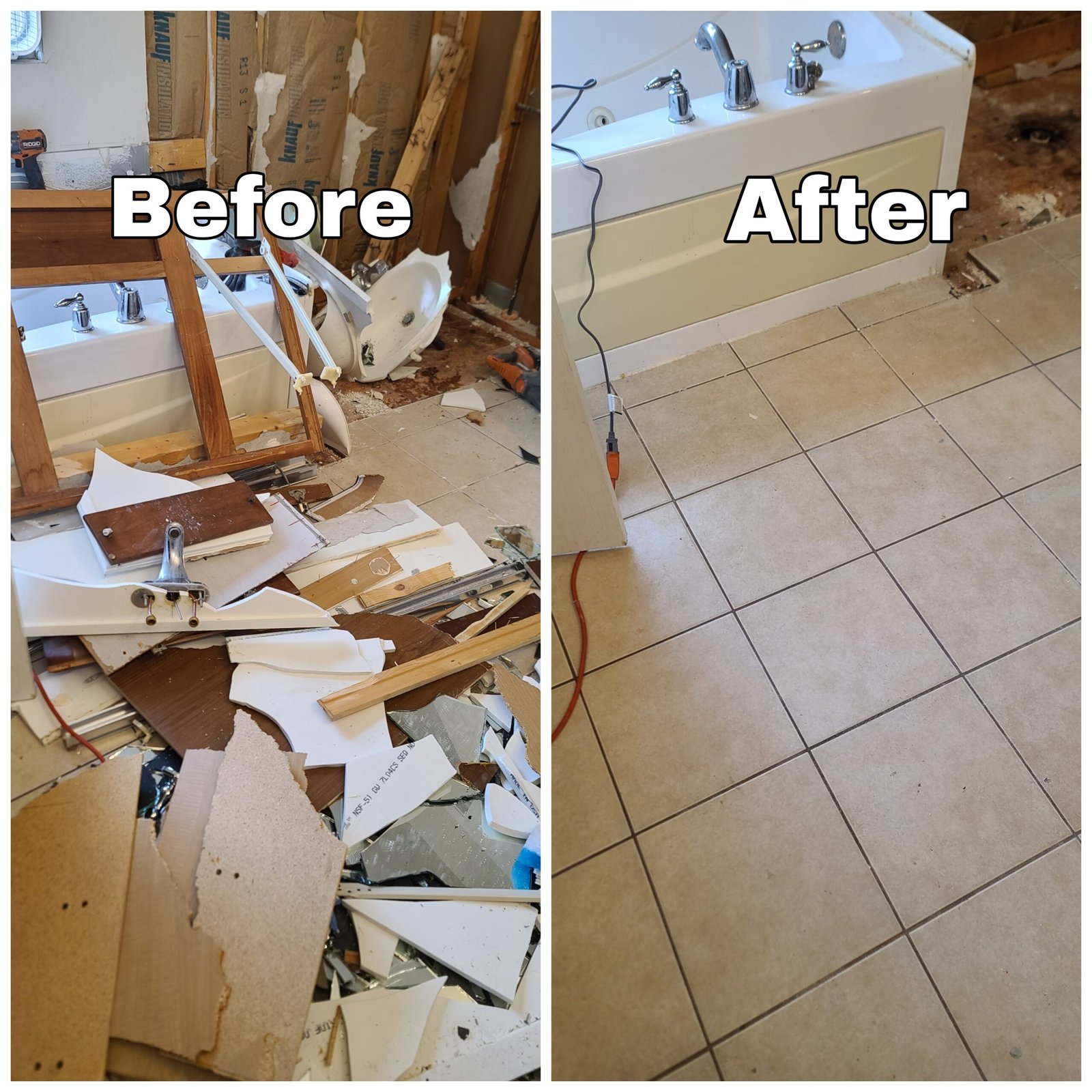 Before and after picture of a demolition and clean up Mr. Muscles Junk removal and hauling did