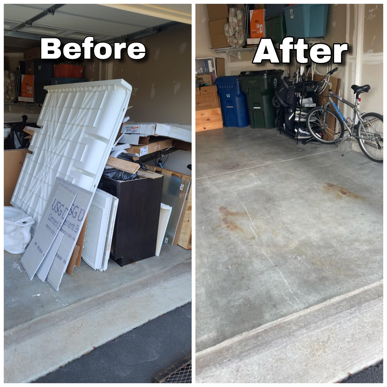 Befor and after of a job Mr. muscles junk removal and hauling did. Made space in customers garage